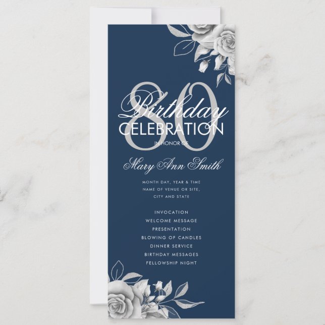 Floral 80th Birthday Program Silver Navy w/ Menu (Front)