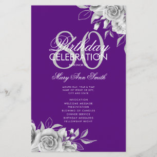 Floral 80th Birthday Program Silver Purple w/ Menu