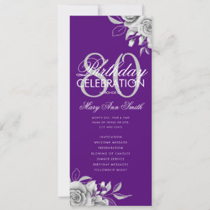 Floral 80th Birthday Program Silver Purple w/ Menu