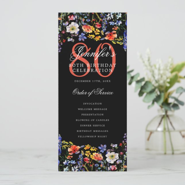 Floral 80th Birthday Program Thank You Black (Standing Front)