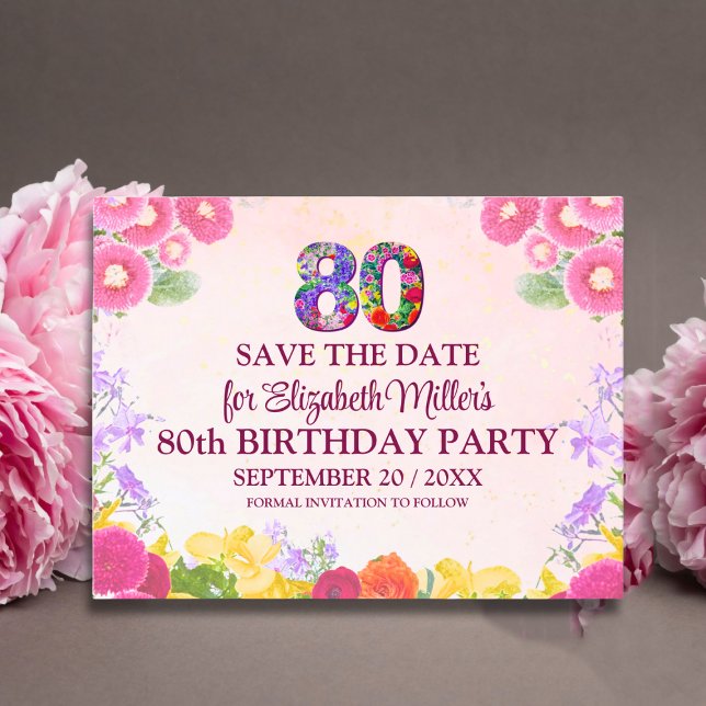  Floral 80th birthday save the date - pastel 80 Announcement Postcard (Creator Uploaded)