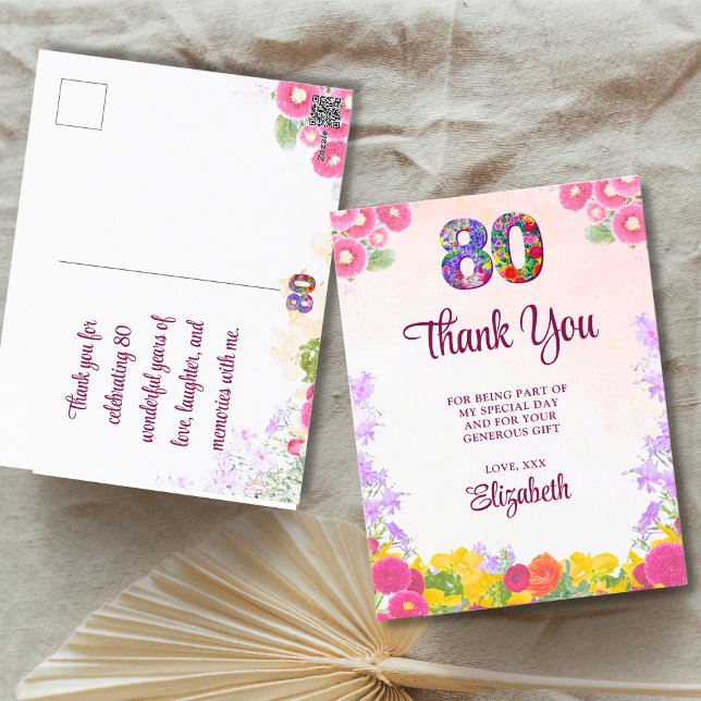 Floral 80th birthday thank you card 80 flower chic (Creator Uploaded)