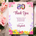 Floral 80th birthday thank you card 80 flower chic<br><div class="desc">Floral 80th birthday thank you flat card 80 flower chic. Show your gratitude in style with this elegant 80th birthday thank you card featuring vibrant floral accents and a heartfelt message. The front of the card displays a large "80" in colorful floral design and the words "Thank You" in a...</div>