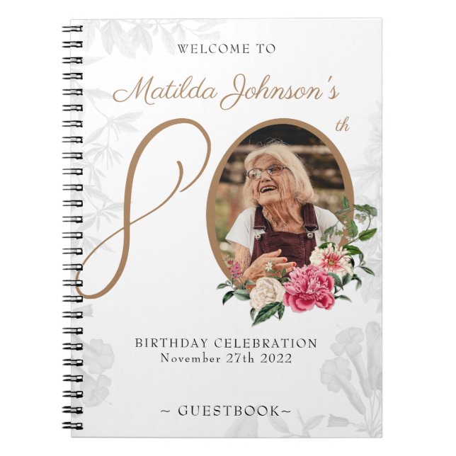 Floral 80th Birthday White Gold Photo Guestbook Notebook (Front)