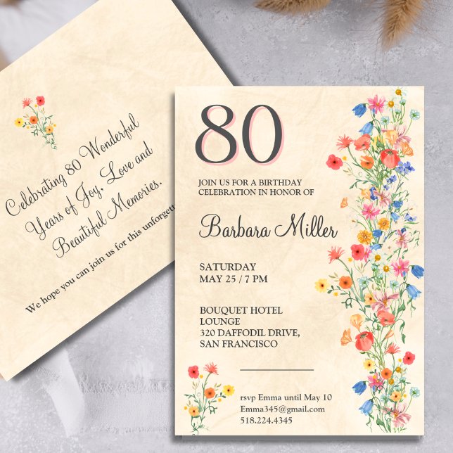 Floral 80th Birthday Wildflowers 80 Years Party Invitation (Creator Uploaded)