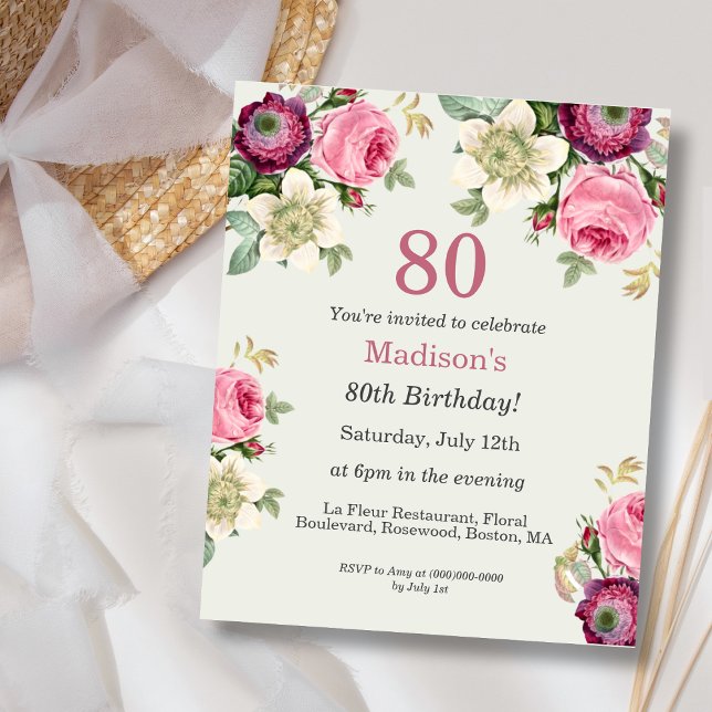 Floral 80th Budget Birthday Invitation (Creator Uploaded)