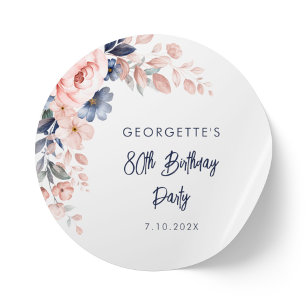 Floral 80th Pink Flowers Birthday Party Script Classic Round Sticker
