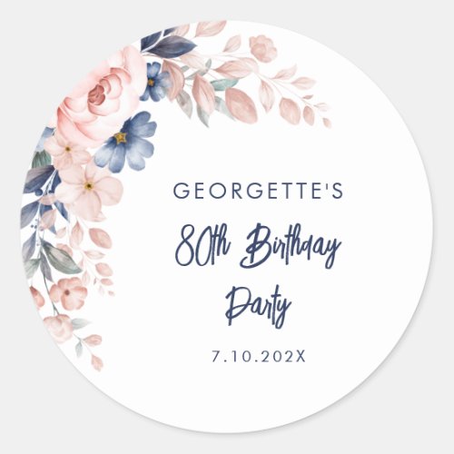 Floral 80th Pink Flowers Birthday Party Script Classic Round Sticker