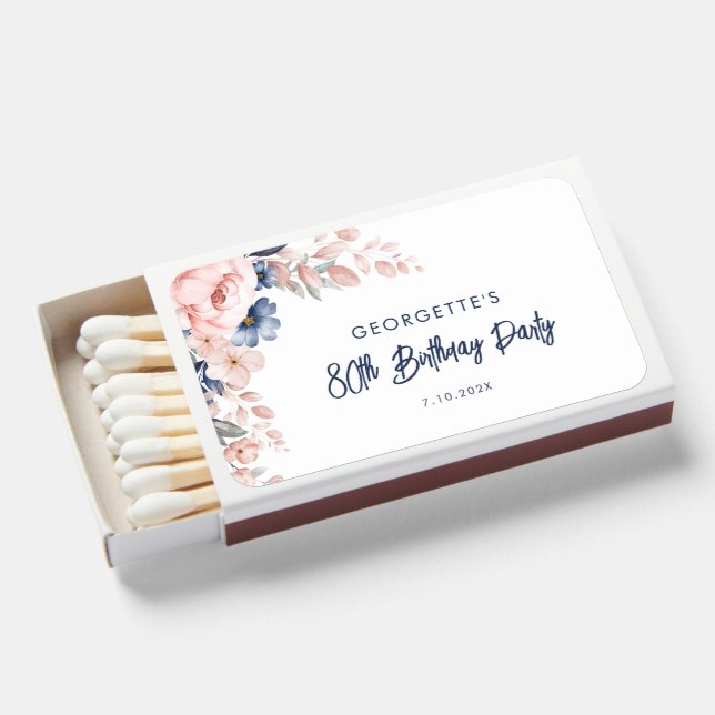 Floral 80th Pink Flowers Script Birthday Party Matchboxes (Front Open)