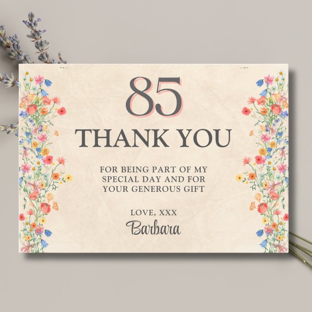 Floral 85th Birthday – Elegant Wildflower 85 years Thank You Card (Creator Uploaded)
