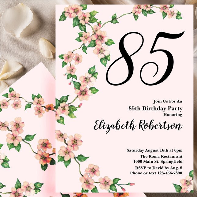 Floral 85th Birthday Invitation in Blush Pink (Creator Uploaded)