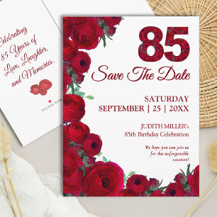 Floral 85th Birthday Save the Date Bold Red 85 Announcement Postcard