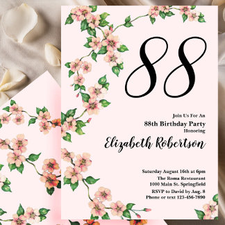 Floral 88th Birthday Invitation in Blush Pink