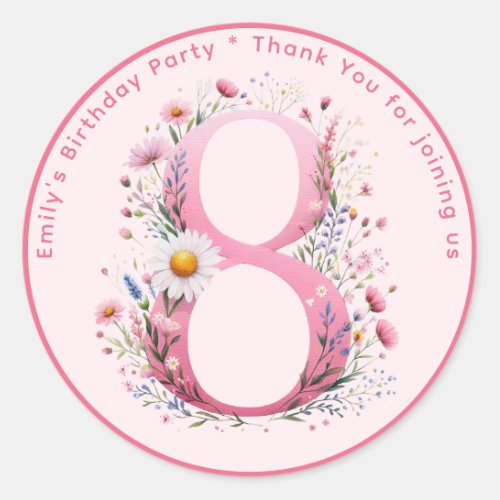 Floral 8th Birthday Thank You Favor Eight Custom Classic Round Sticker