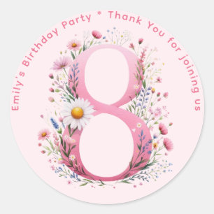 Floral 8th Birthday Thank You Favor Eight Custom Classic Round Sticker