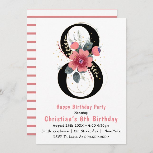 Floral 8th Typography Birthday Invitations (Front/Back)