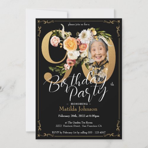 Floral 90th Birthday Black Gold Boho Custom Photo Invitation