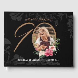 Floral 90th Birthday Elegant Black Gold Custom Guest Book