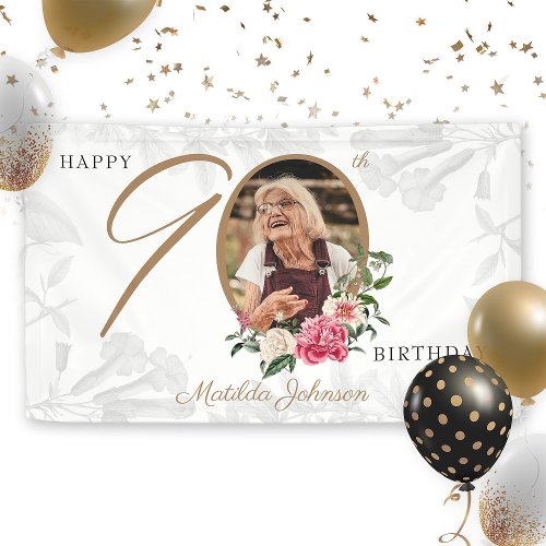 Floral 90th Birthday Elegant White Gold Custom Banner