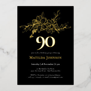 Floral 90th Birthday Gold Foil Invitation