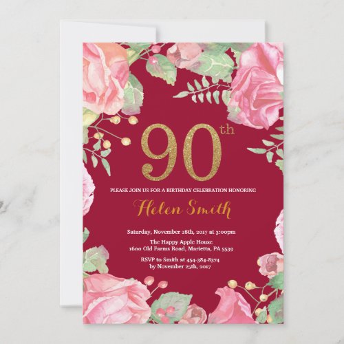 Floral 90th Birthday Gold Glitter Burgundy Red Invitation