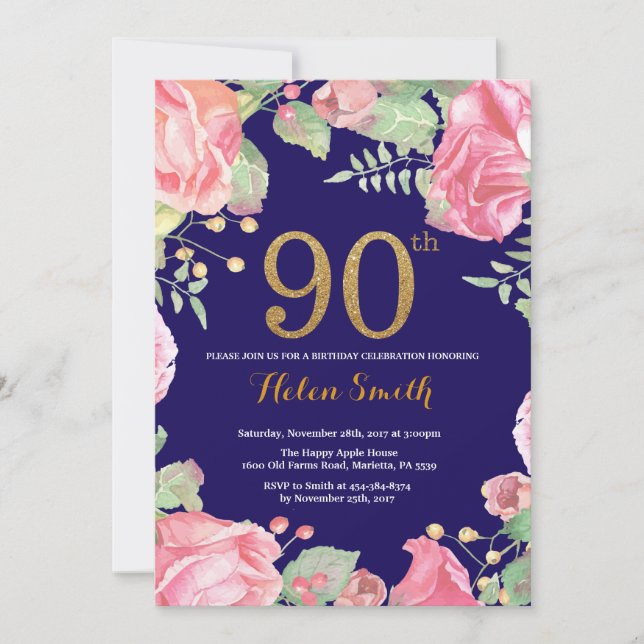 Floral 90th Birthday Gold Glitter Navy Blue Invitation (Front)