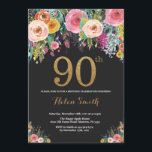Floral 90th Birthday Invitation Gold Glitter<br><div class="desc">Floral 90th Birthday Invitation for Women. Watercolor Floral Flower. Black and Gold Glitter. Pink,  Yellow,  Orange,  Purple Flower. Adult Birthday. For further customization,  please click the "Customize it" button and use our design tool to modify this template.</div>