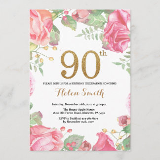 Floral 90th Birthday Invitation Gold Glitter