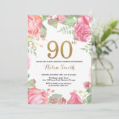 Floral 90th Birthday Invitation Gold Glitter (Standing Front)