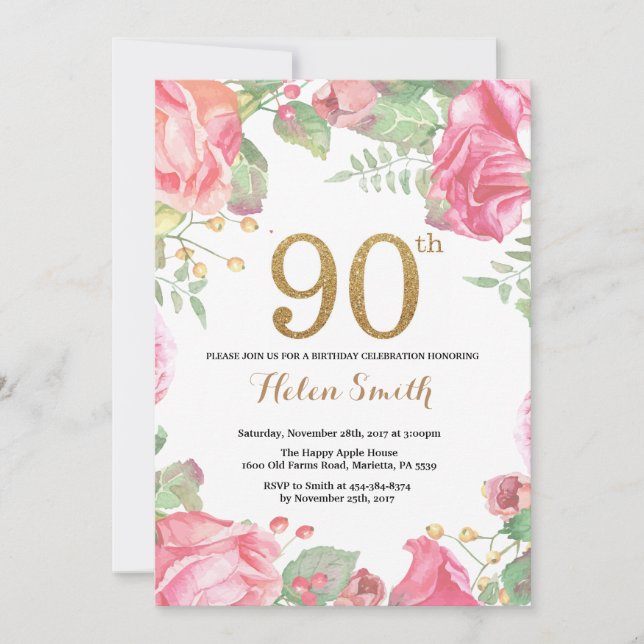 Floral 90th Birthday Invitation Gold Glitter (Front)