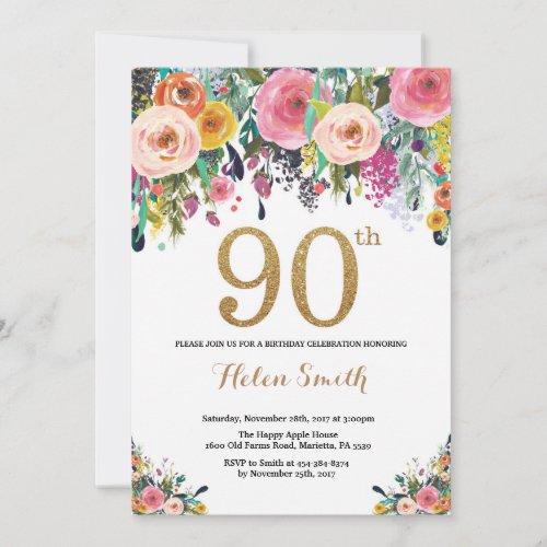 Floral 90th Birthday Invitation Gold Glitter