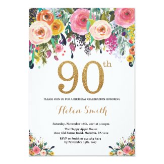 Floral 90th Birthday Invitation Gold Glitter