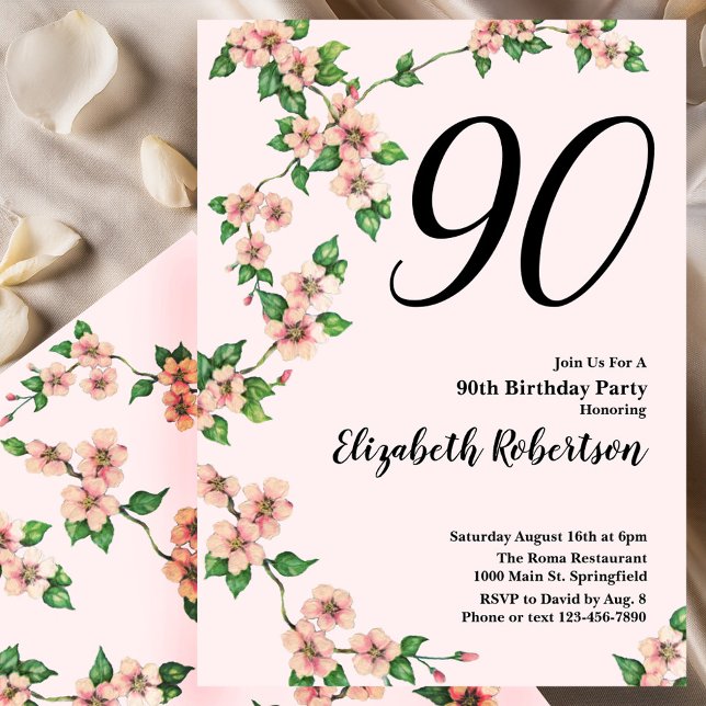 Floral 90th Birthday Invitation in Blush Pink (Creator Uploaded)