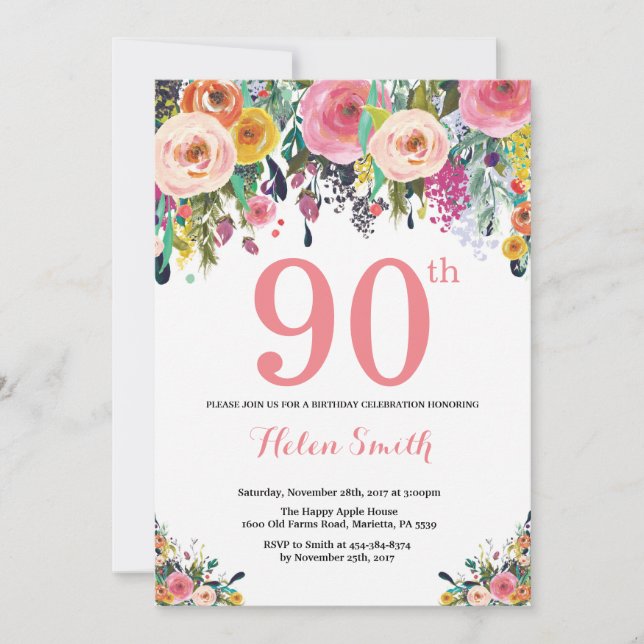 Floral 90th Birthday Invitation Pink (Front)