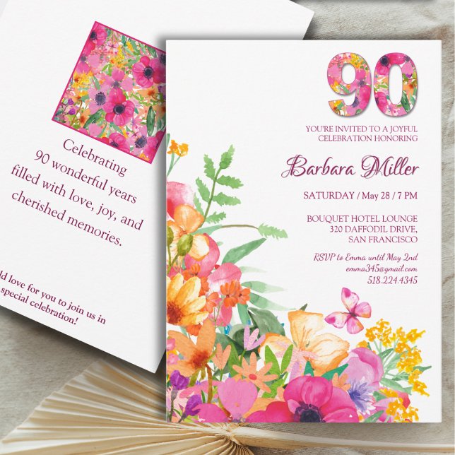 Floral 90th Birthday Invite, Elegant 90 Years Invitation (Creator Uploaded)