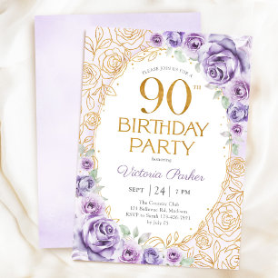 Floral 90th Birthday Lilac Purple Gold Invitation
