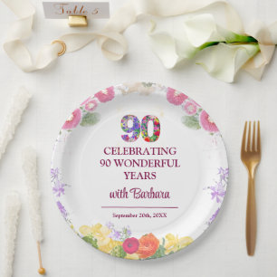 Floral 90th Birthday Party - Elegant Pastel 90 Paper Plates