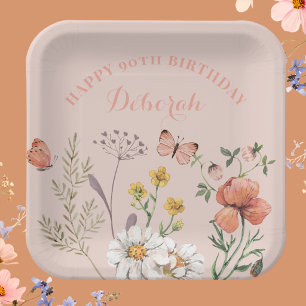 Floral 90th Birthday Party Paper Plates