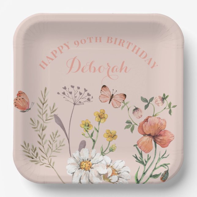 Floral 90th Birthday Party  Paper Plates (Front)