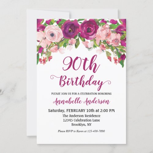 Floral 90th Birthday Purple Pink Watercolor Chic Invitation