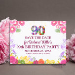 Floral 90th birthday save the date, elegant 90 Announcement Postcard<br><div class="desc">Floral 90th birthday save the date, elegant 90 Announcement Postcard. Celebrate an incredible milestone with this beautiful, floral-themed Save the Date card for an 90th birthday party! Featuring vibrant flower designs, a bold "90, " and a customizable message, this card is perfect for gathering family and friends to honor a...</div>