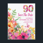 Floral 90th Birthday Save The Date - Elegant Announcement Postcard<br><div class="desc">Celebrate 90 wonderful years with this vibrant floral Save the Date card, perfect for announcing an unforgettable milestone birthday. Featuring a bold floral "90, " elegant typography, and fully customizable text, this card is ideal for family and friends to mark the occasion in style. Personalize with your party details and...</div>