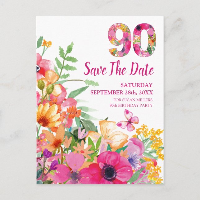 Floral 90th Birthday Save The Date - Elegant Announcement Postcard (Front)