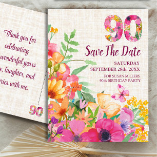 Floral 90th Birthday Save The Date, Linen 90 Years Announcement Postcard