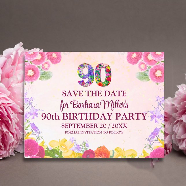  Floral 90th birthday save the date - pastel 90 Announcement Postcard (Creator Uploaded)
