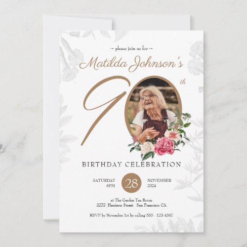 Floral 90th Birthday White Gold Botanical Custom