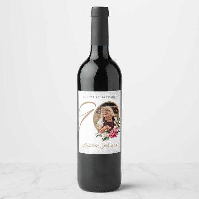 Floral 90th Birthday White Gold Custom Photo Wine Label (Front)