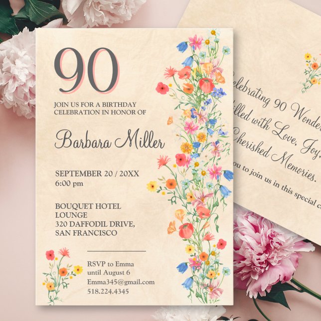 Floral 90th Birthday - Wildflowers 90 Years Party Invitation (Creator Uploaded)