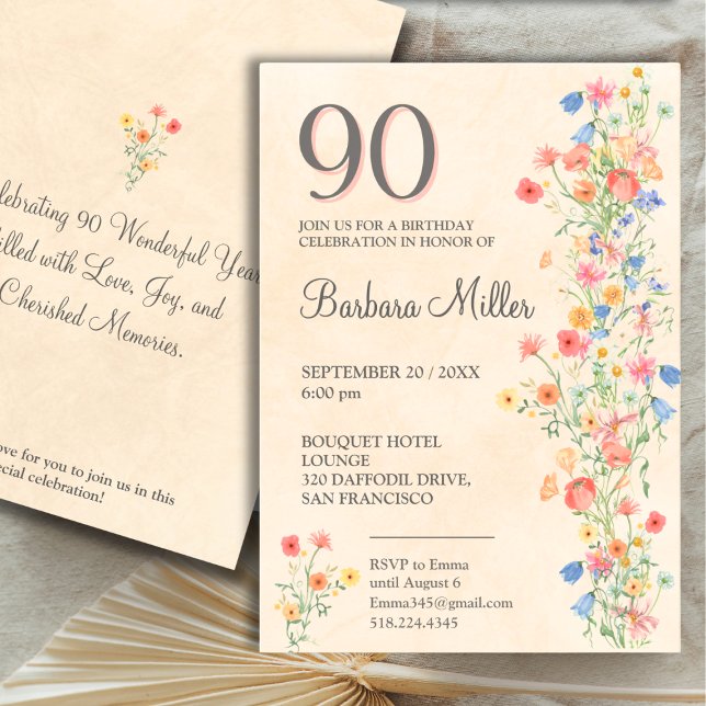 Floral 90th Birthday - Wildflowers 90 Years Party Invitation (Creator Uploaded)