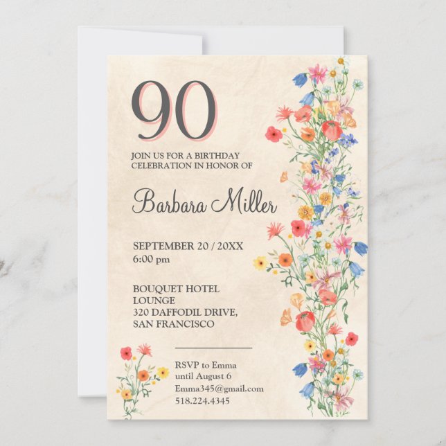 Floral 90th Birthday - Wildflowers 90 Years Party Invitation (Front)